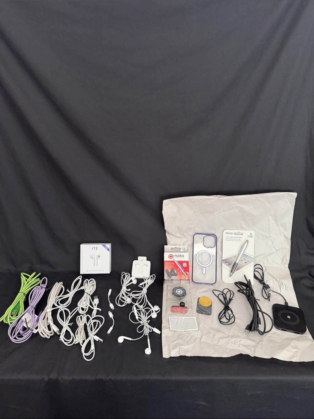 Assorted Earbuds, Chargers & Phone Accessories - White, Black, Purple, Green